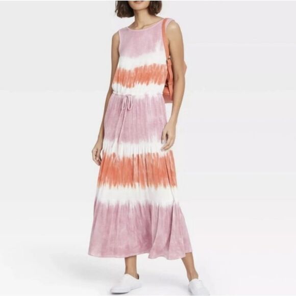 Knox Rose Low Back Scoop Neck Tie Dye Maxi Dress White Pink Orange Medium - Picture 1 of 8